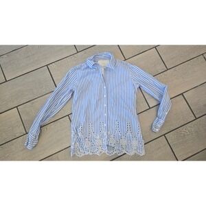 Cino Blue White Striped Eyelet Embroidered Hem Button Down Shirt XS